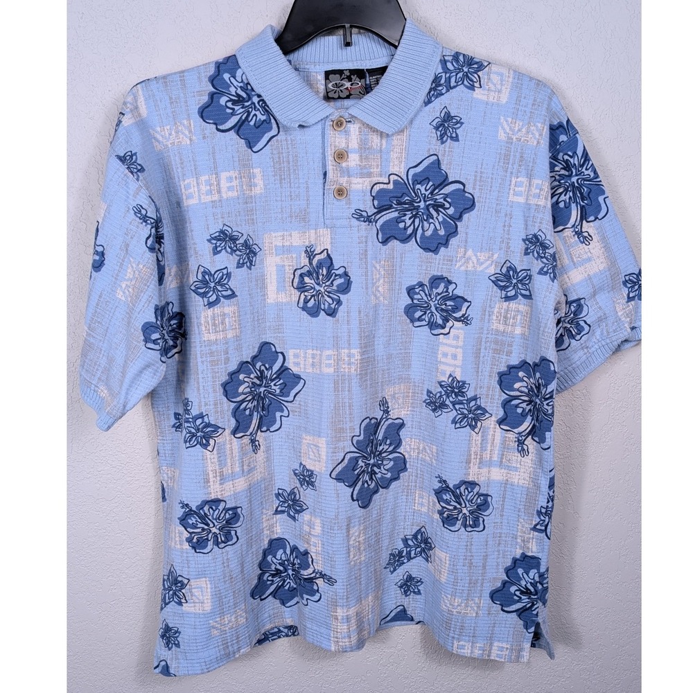 Vintage OP Ocean Pacific Mens Blue Hibiscus Aloha Hawaiian Knit Polo Shirt Large